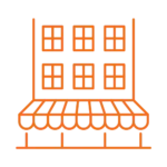 Orange storefront icon with striped awning