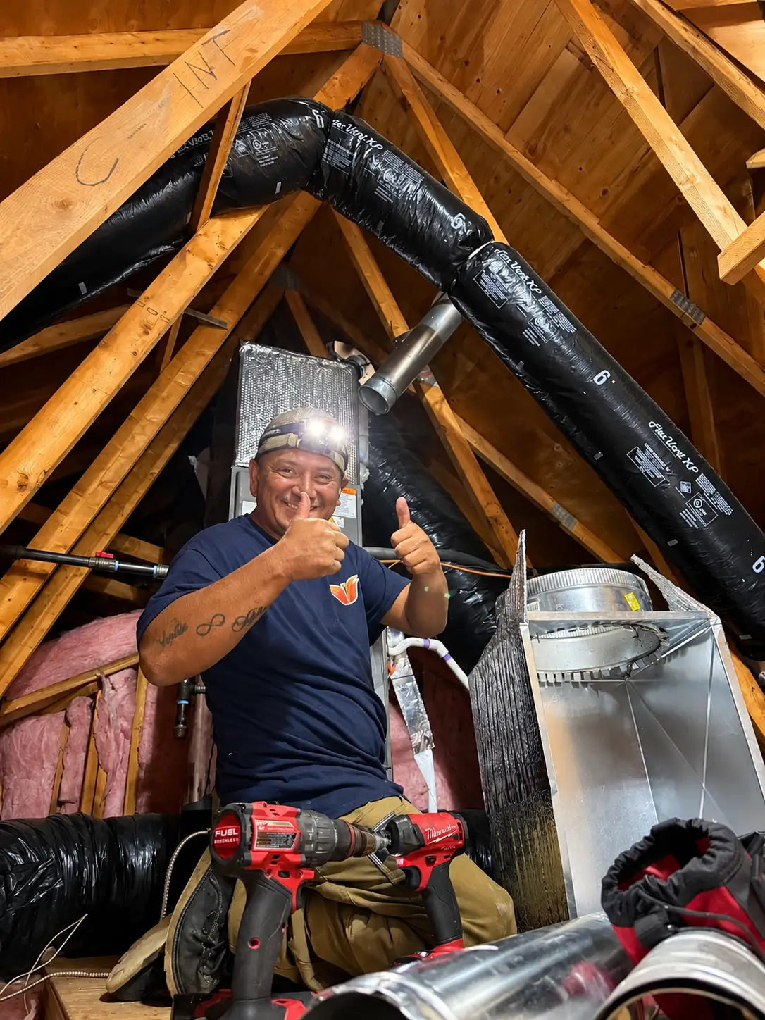 Attic HVAC Installer Thumbs Up